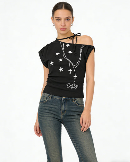 Vintage Graphic Tie-Neck Crop Top
