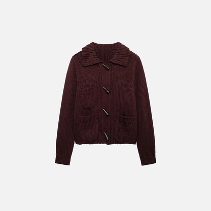 Fashionable Wine Red Knitted Lapel Neck Cardigan