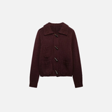 Fashionable Wine Red Knitted Lapel Neck Cardigan