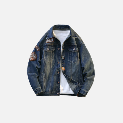 Embroidered Turn Down Collar Loose Denim Jacket