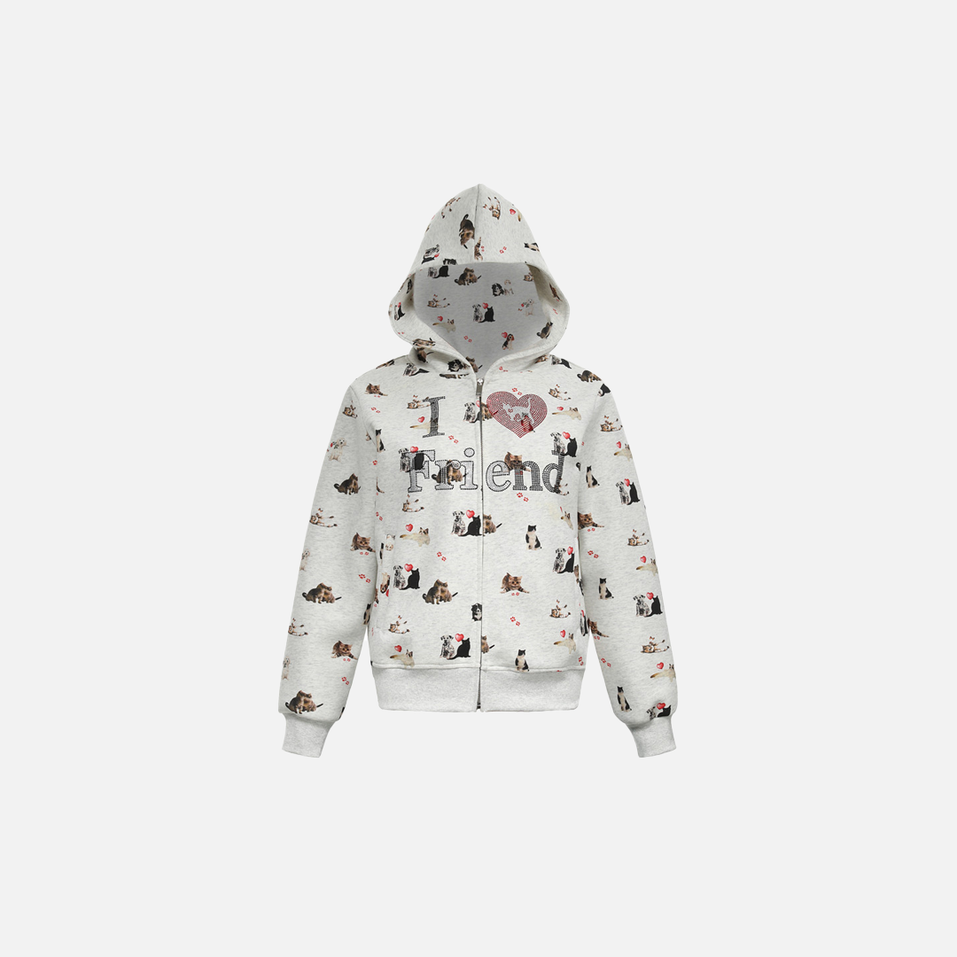 Whimsical Animal Zip-Up Print Hooded Sweatshirt