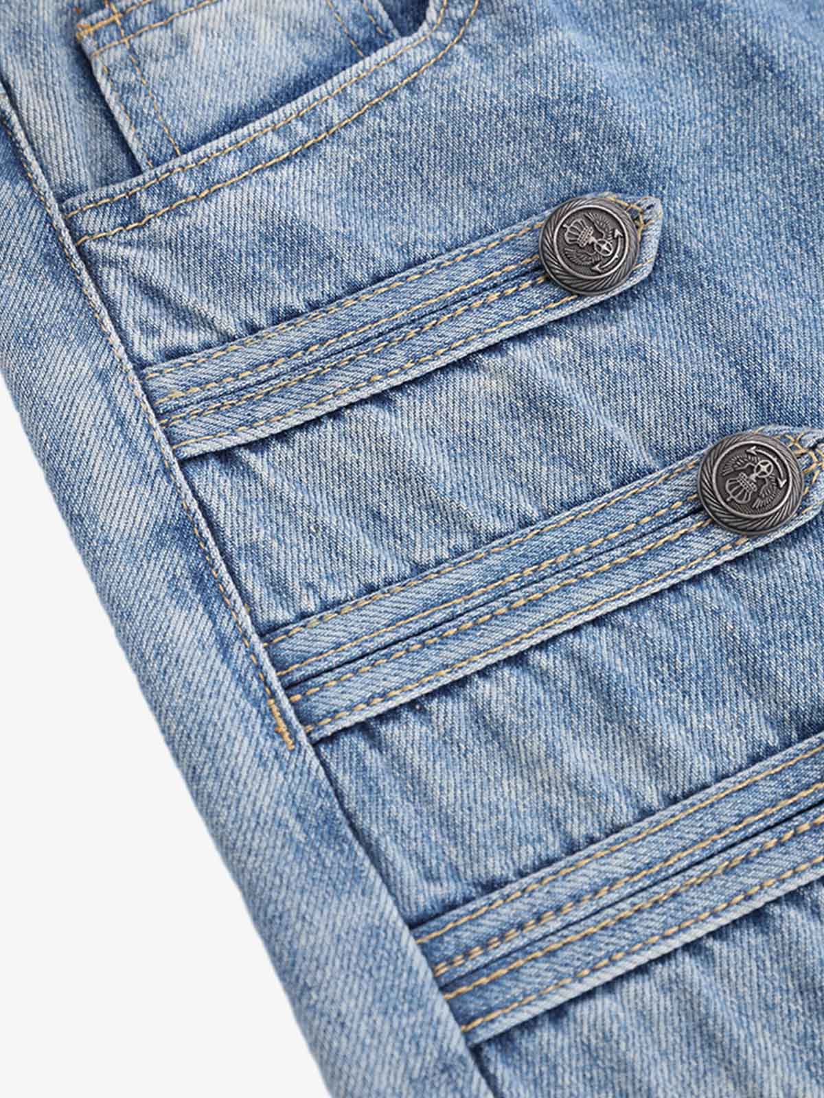 Button-Trim Curved-Leg Jeans; Blue / S, Blue / M, Blue / L, Blue / XL, Blue / 2XL