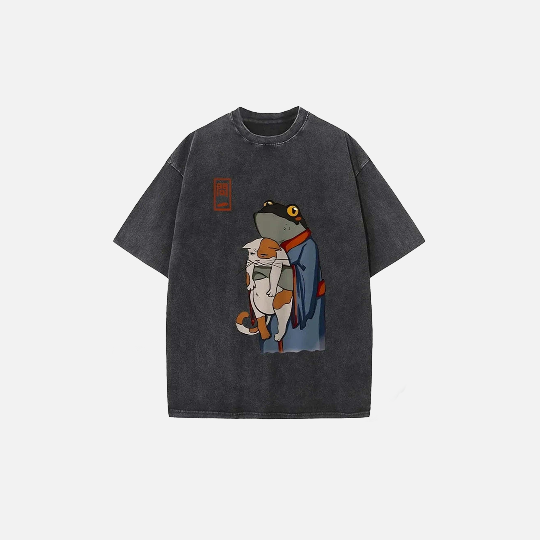 Frog Cat Graphic Washed T-Shirt