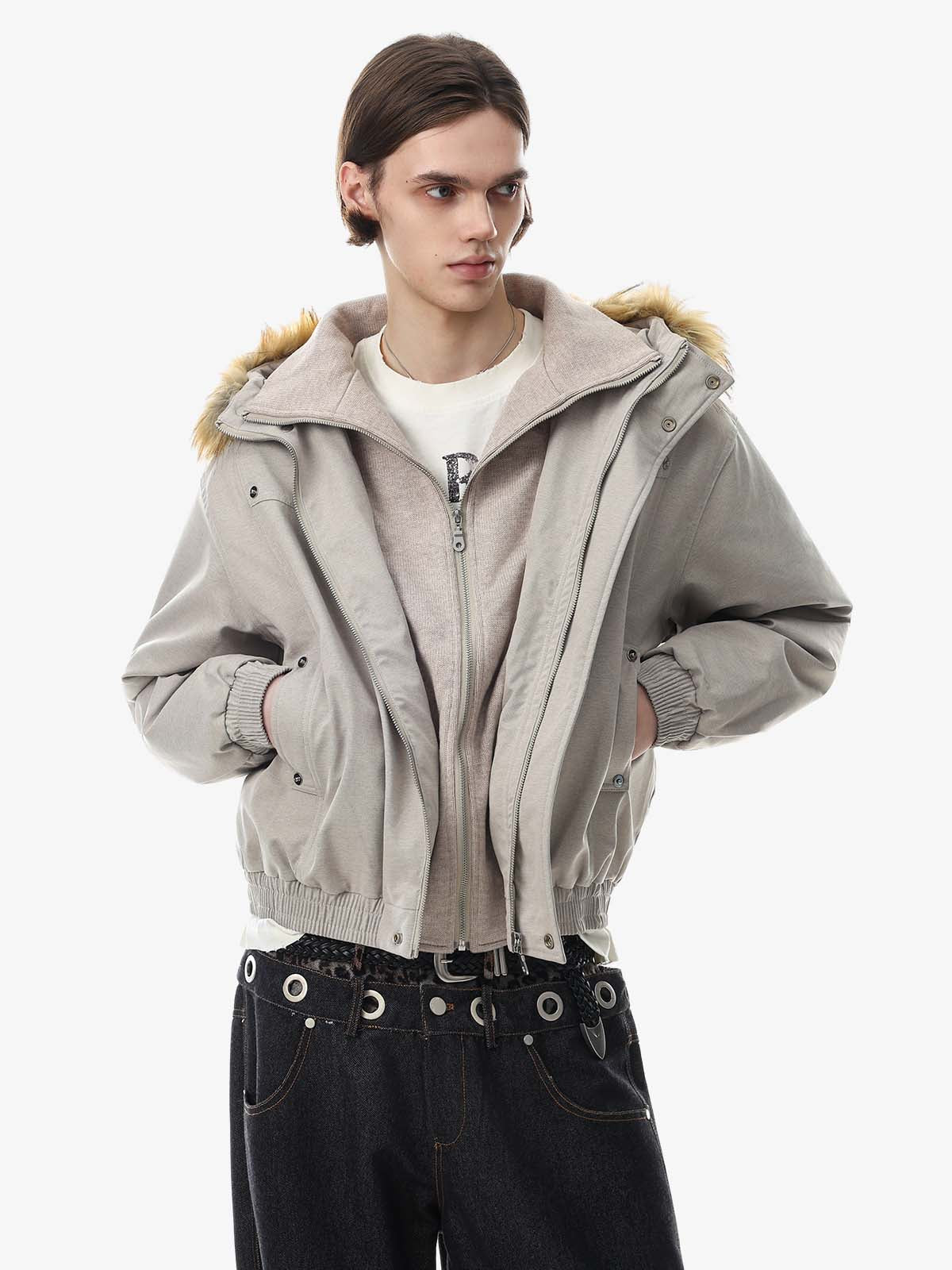 Deconstructed Layered Hooded Faux-Fur Collar Puffer Jacket; Beige / S, Beige / M, Beige / L, Beige / XL