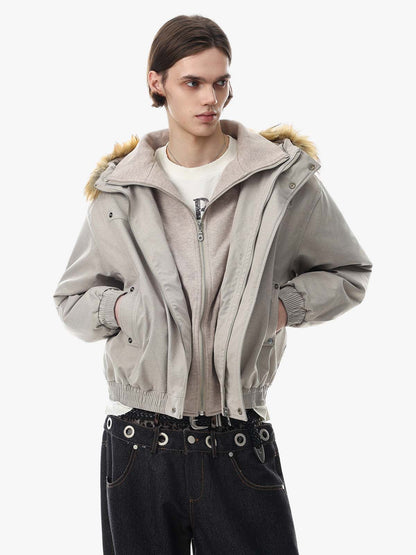 Deconstructed Layered Hooded Faux-Fur Collar Puffer Jacket; Beige / S, Beige / M, Beige / L, Beige / XL