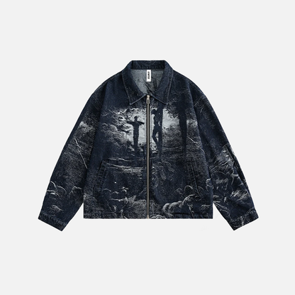 Dark Vintage Printed Denim Jacket Jeans