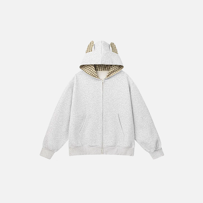 Streetwear Oversized Plaid Cat Ear Hooded Sweatshirt