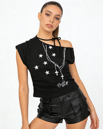 Vintage Graphic Tie-Neck Crop Top