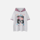 Graphic Print Hooded Short Sleeve Ripped T-Shirt