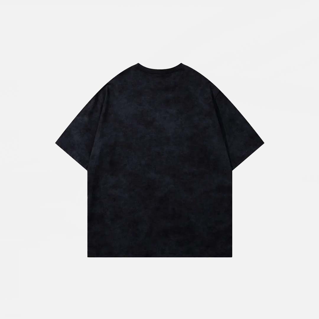 Back view of the black Graphic Printed Grunge T-Shirt in a gray background