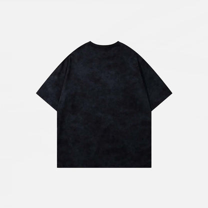 Back view of the black Graphic Printed Grunge T-Shirt in a gray background