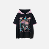 Graphic Print Hooded Short Sleeve Ripped T-Shirt