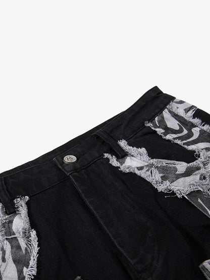 Zebra Patchwork Distressed Flared Jeans