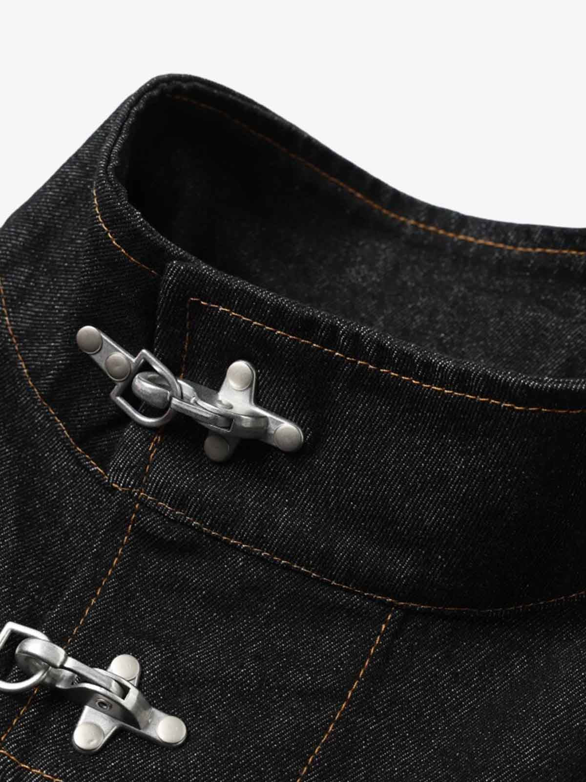 Stand Collar Clasp Detail Denim Jacket; Black / S