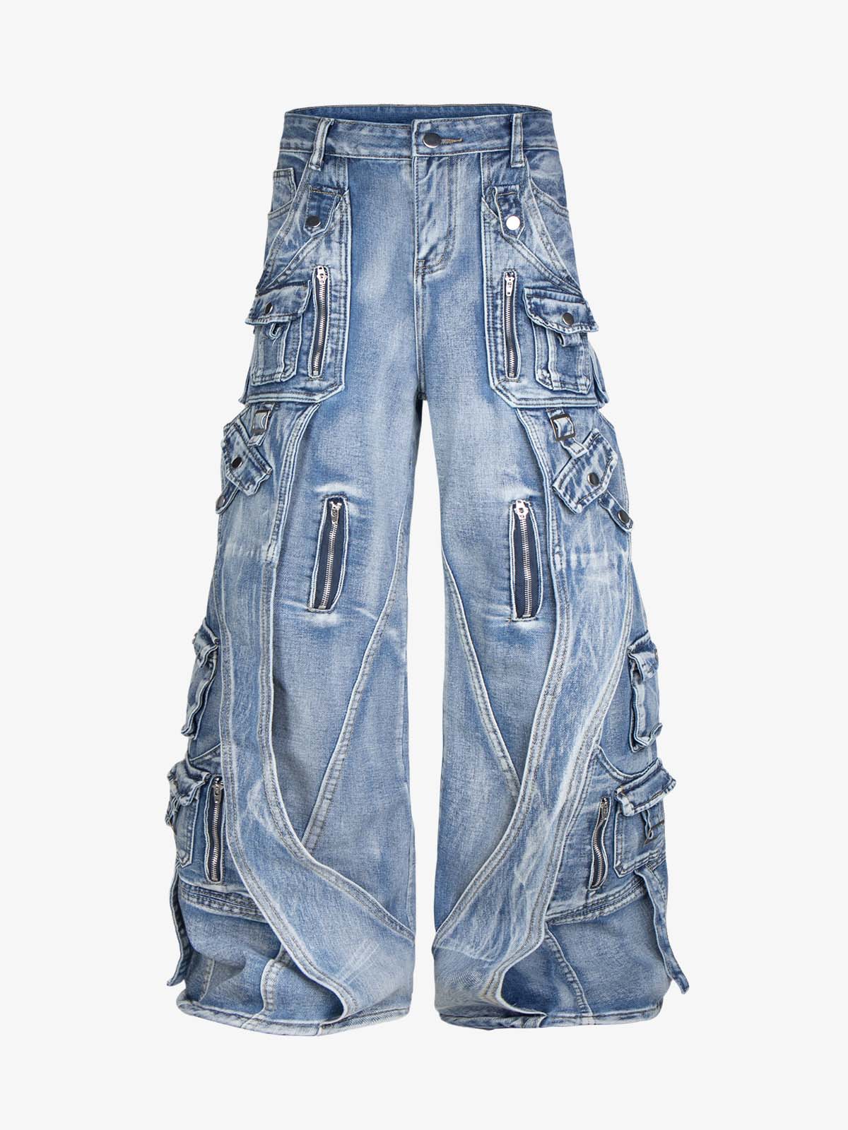 Washed Multi-Pocket Curved-Seam Cargo Jeans; Blue / S, Blue / M, Blue / L, Blue / XL