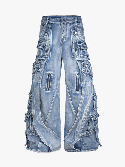 Washed Multi-Pocket Curved-Seam Cargo Jeans; Blue / S, Blue / M, Blue / L, Blue / XL