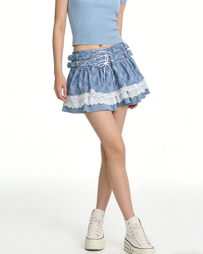 Sweetheart Lace Plaid Mini Skirt