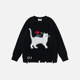 Y2K Funny Cat Graphic Oversized Ripped Sweater