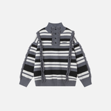 Striped Fringed Turtleneck Button Sweater