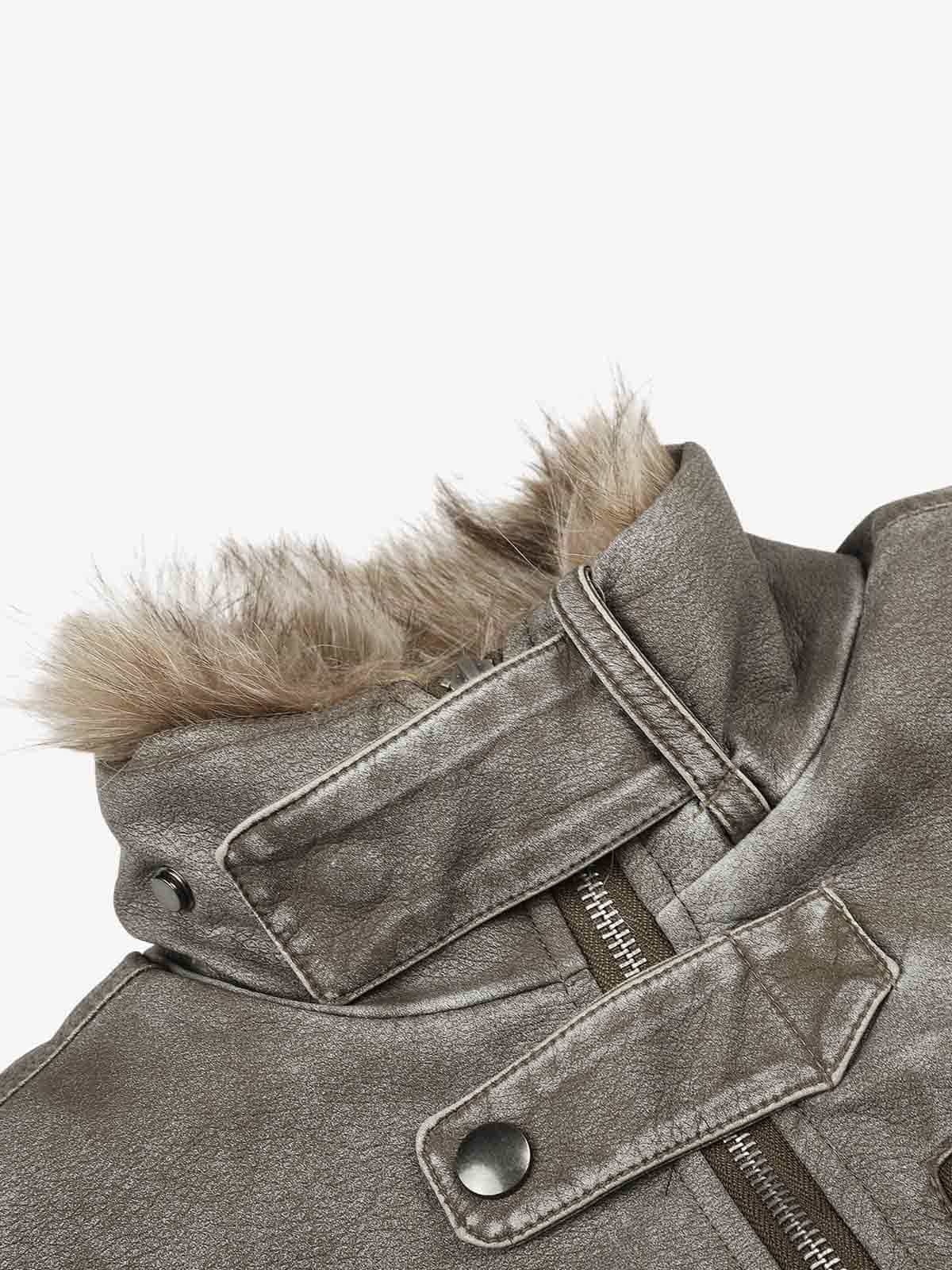 Washed High-Collar Multi-Zip Bomber Coat