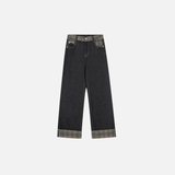 Streetwear Patchwork Plaid Denim Straight Leg Jeans