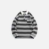 Contrasting Patchwork Striped Polo Long Sleeve T-Shirt