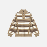 Striped Fringed Turtleneck Button Sweater