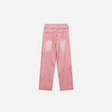 Back view of the Pink Star Turned-down Waist Jeans in a gray background 