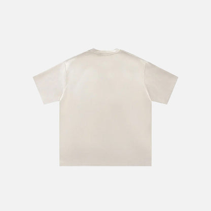 Back view of the beige view of the gray Solid Stripes Loose T-Shirt in a gray background