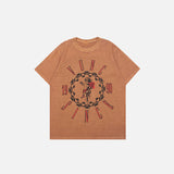 Front view of the brown Y2k Peace Flower Printed T-shirt in a gray background 
