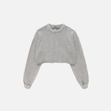 Front view of the light grey Women Distressed Loose T-Shirt in a gray background 