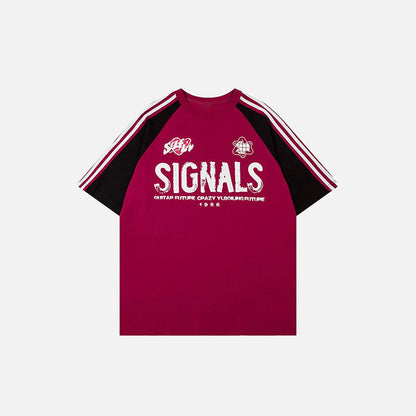 Front view of the red Contrast Color Signals Sports T-shirt in a gray background