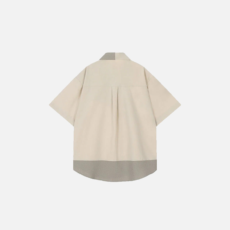 Back view of the khaki Y2k Loose Patchwork Shirt in a gray background