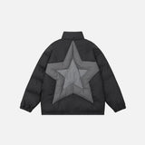 Back view of the black Star Patch Puffer Jacket in a gray background