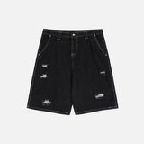 Ripped Lion Embroidery Black Denim Shorts