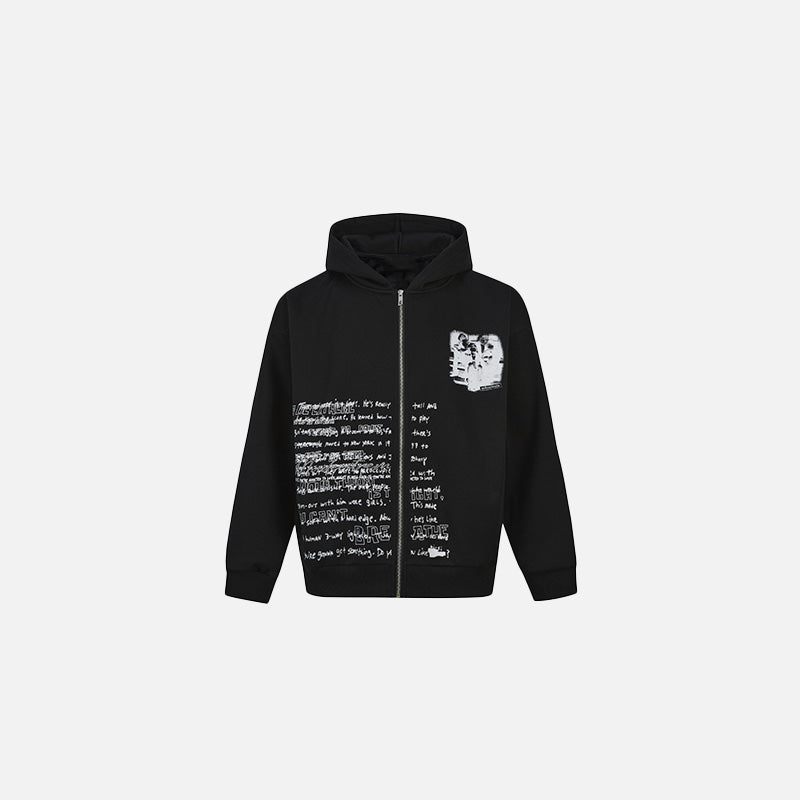 Front view of the black Graphic Zip-Up Hoodie in a gray background