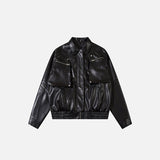 Solid Color Pockets Leather Jacket