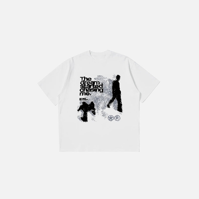 Front view of the white Dream Chaser Graphic T-shirt in a gray background