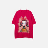 Front view of the purple Y2K Whimsical Doll T-shirt in a gray background