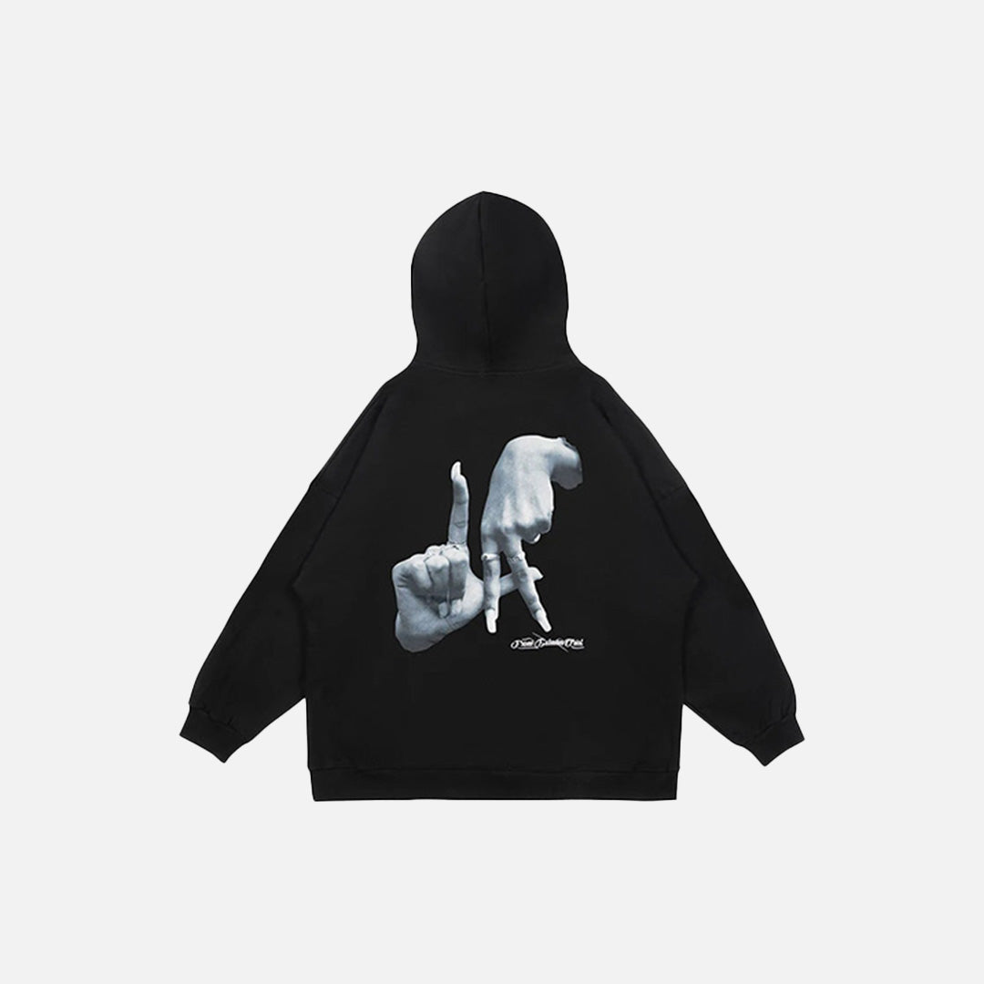 Back view of the black Y2K Silent Gesture Hoodie in a gray background