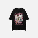 Front view of the black Loose Cat Print T-shirt in a gray background