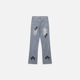 Back view of the Cross Embroidered Wide Leg Jeans in a gray background 