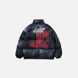 Back view of the black "I Made This Hell My Home" Puffer Jacket in a gray background