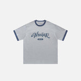 Front view of the gray white Loose Letter Print Oversized T-shirt in a gray background 