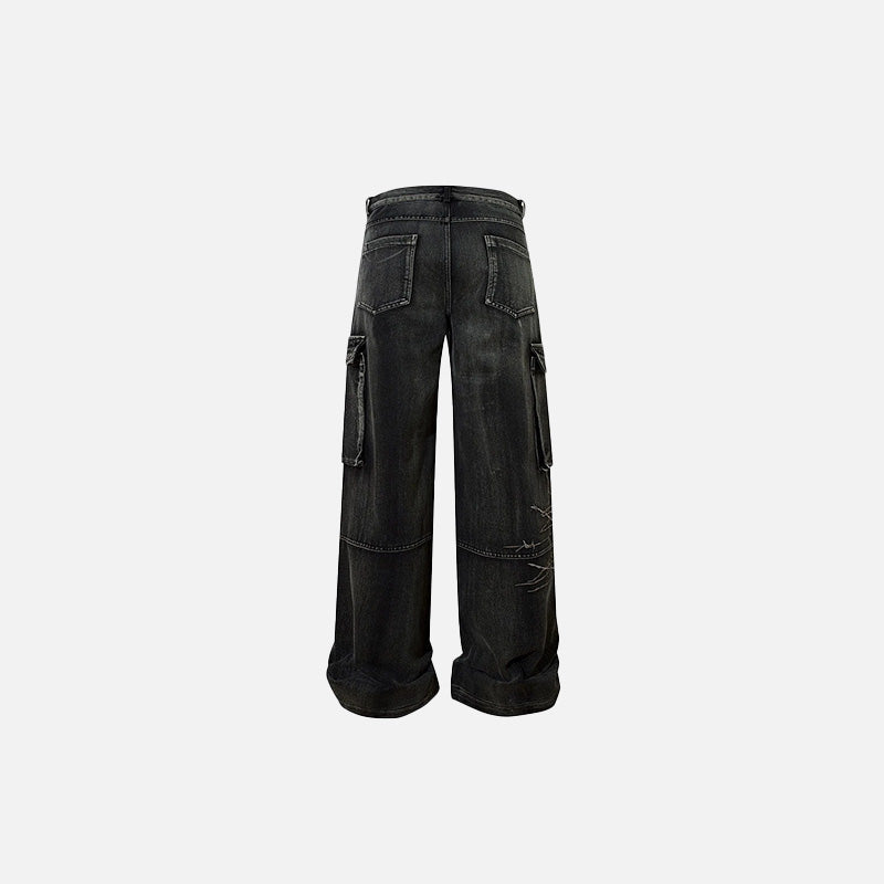 Back view of the black Graffiti Patch Cargo Pants in a gray background