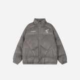 Front view of the gray Loose Star Embroidery Puffer Jacket in a gray background