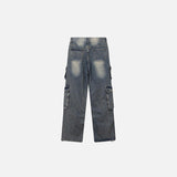 Back view of the Multi-Pockets Retro Loose Pants in a gray background 