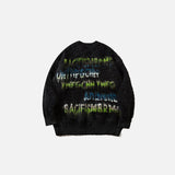 Front view of the black Fluffy Fleece Letter Print Sweater in a gray background 