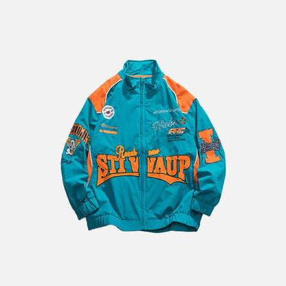 Front view of the blue Letter-Embroidered Racing Jacket in a gray background 
