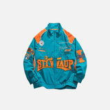 Front view of the blue Letter-Embroidered Racing Jacket in a gray background 